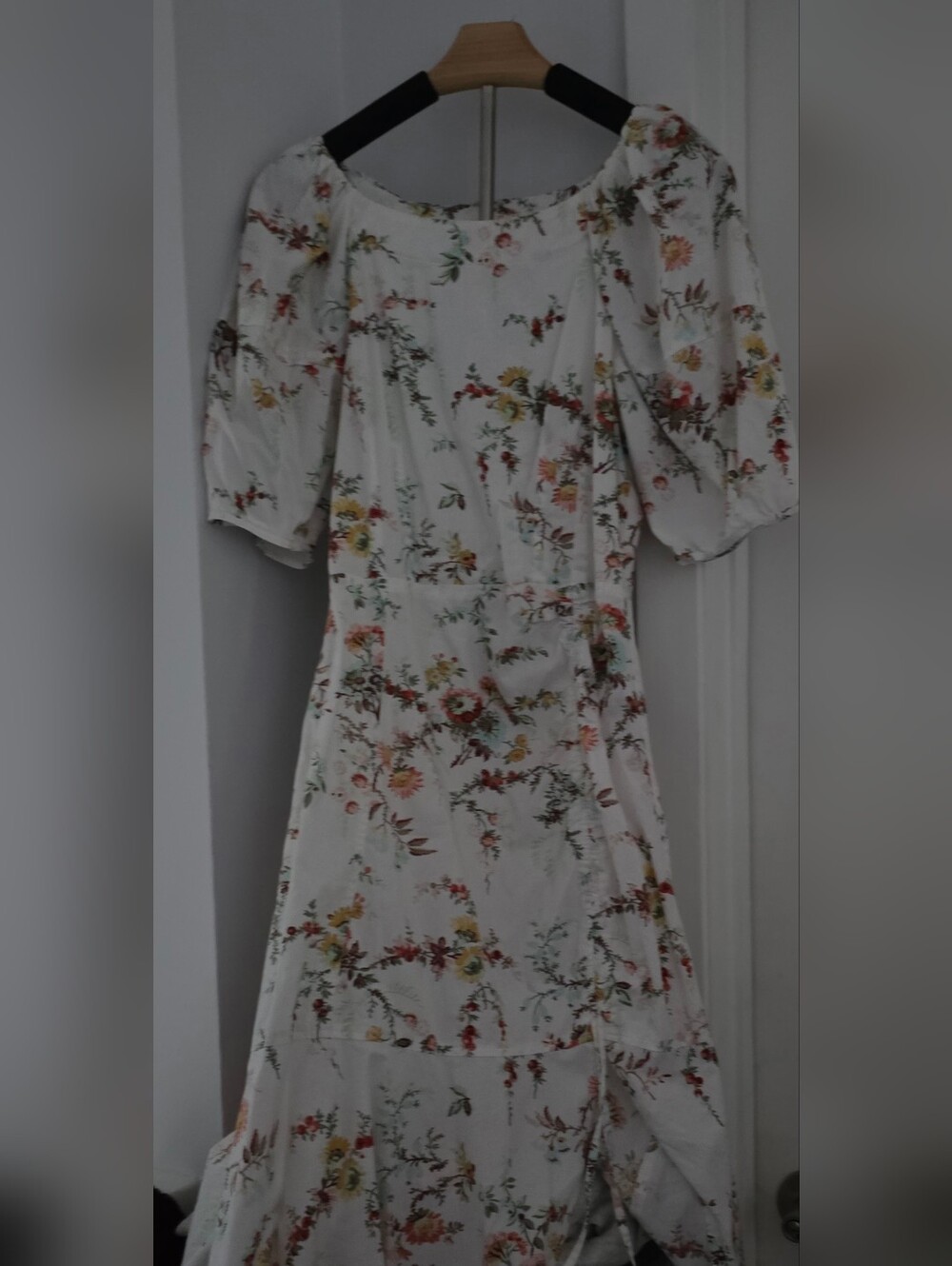 White Floral Midi Dress with Puff Sleeves